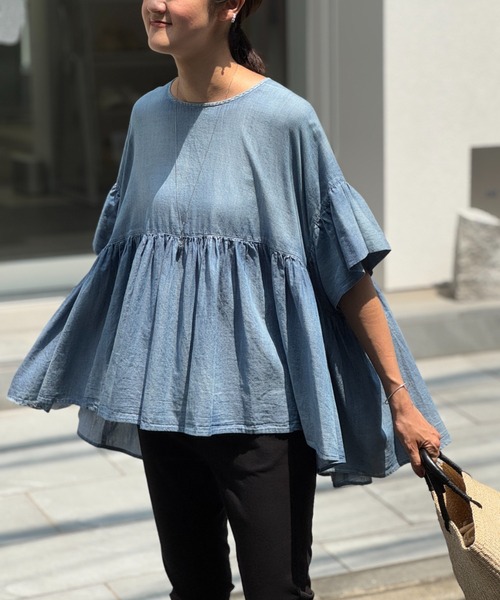 BEARDSLEY ブラウス シャツ シフォンデニムギャザーシャツ