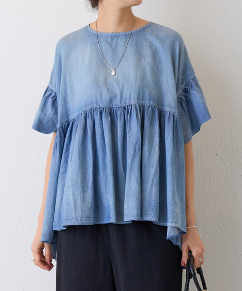 BEARDSLEY ブラウス シャツ シフォンデニムギャザーシャツ