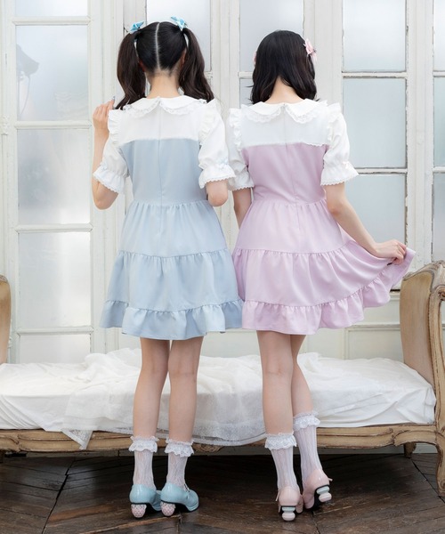 DearMyLove ワンピース 夏 半袖 丸襟ビスチェティアードワンピース