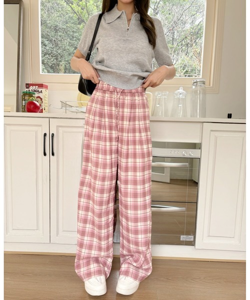 【A】 チェックパンツ スラックス パンツ 「Good Riddance」ウエストレースデザイン チェック
