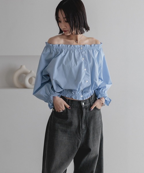 未使用 ローリーズファーム オフショルシャーリングブラウス ブルー LOWRYS FARM（ローリーズファーム） tシャツ オフショルシャーリング