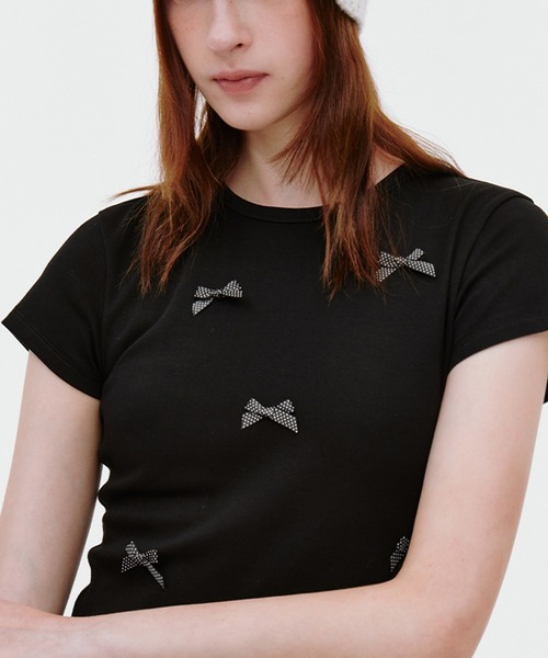 ◆25SS[GLOWNY]リボンミニワンピース(Dark Grey)◆ 配色カラーリボン刺繍ニットミニワンピース | レディース