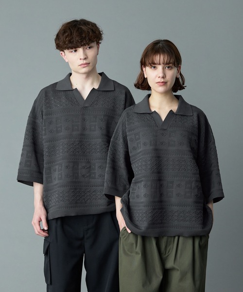 「RUUBON」 半袖ニット S チャコールグレー メンズ_画像3