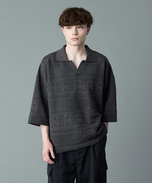 「RUUBON」 半袖ニット S チャコールグレー メンズ_画像5