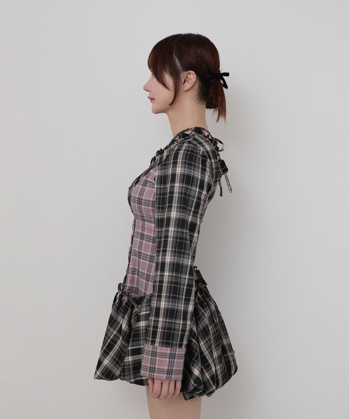 treaturself タータンチェックバルーンワンピース rumnel： ワンピース チェックバルーンミニワンピース / check balloon