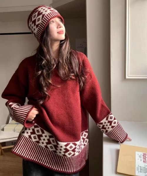 ニット セーター ニットキャップ+柄切り替えオーバーサイズニット 2点