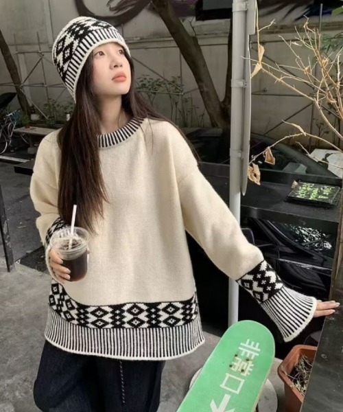 ニット セーター ニットキャップ+柄切り替えオーバーサイズニット 2点