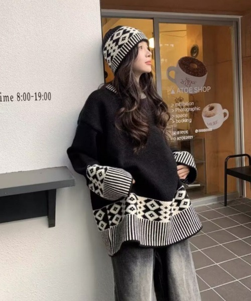 ニット セーター ニットキャップ+柄切り替えオーバーサイズニット 2点