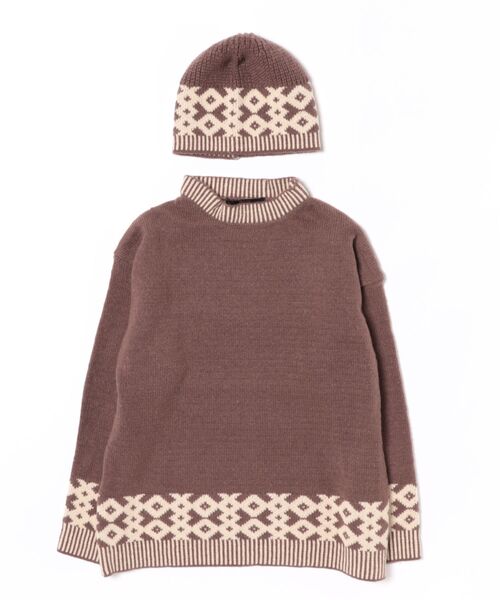 ニット セーター ニットキャップ+柄切り替えオーバーサイズニット 2点
