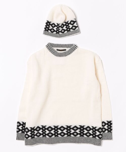 ニット セーター ニットキャップ+柄切り替えオーバーサイズニット 2点