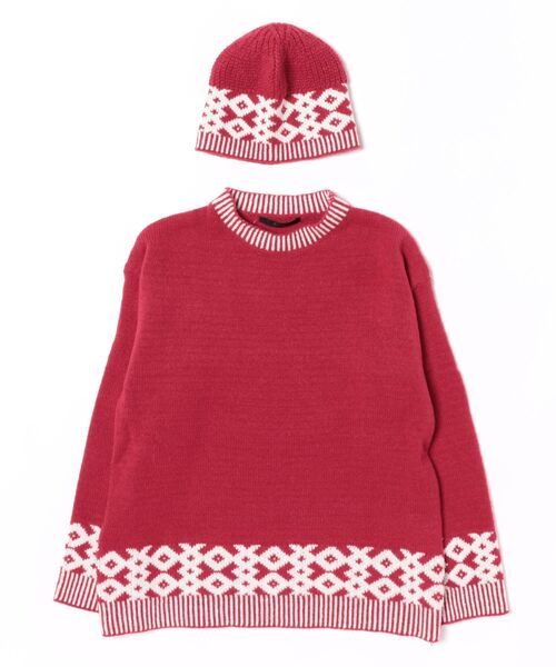 ニット セーター ニットキャップ+柄切り替えオーバーサイズニット 2点