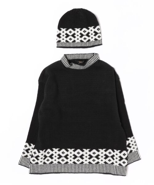 ニット セーター ニットキャップ+柄切り替えオーバーサイズニット 2点