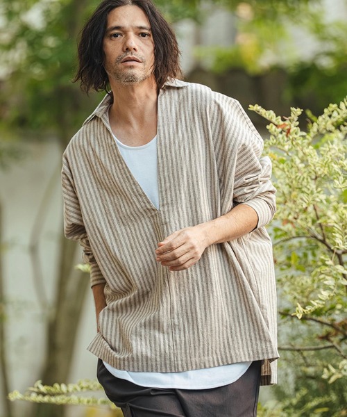 KK60Tシャツ XLショッパー付き CAMBIO（カンビオ） シャツ ms6360- コットンリネンストライプディープ