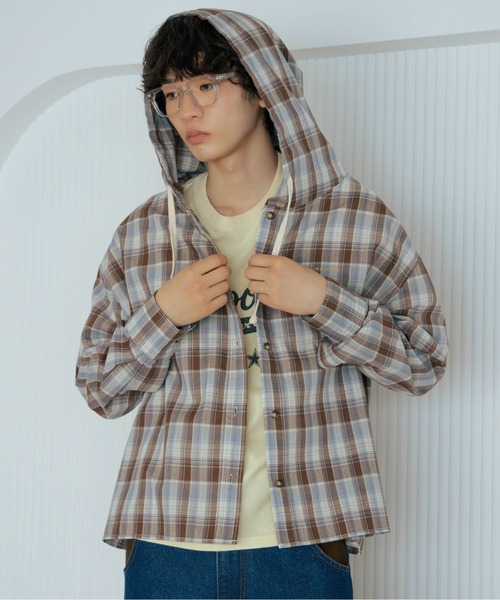 Crape Plaited Shirt　S　チェックシャツ Zooodle シャツ Checkered hoodie shirt - チェックシャツフーディー
