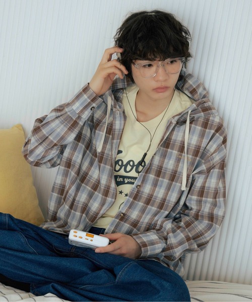 Zooodle シャツ Checkered hoodie shirt - チェックシャツフーディー