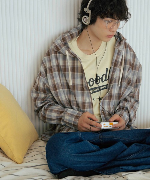 Zooodle シャツ Checkered hoodie shirt - チェックシャツフーディー