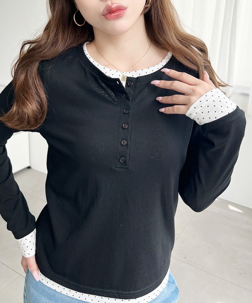 moment+ tシャツ ヘンリーネックレイヤード長袖カットソー(ヘンリー