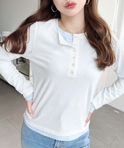 moment+ tシャツ ヘンリーネックレイヤード長袖カットソー(ヘンリー