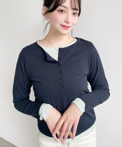 moment+ tシャツ ヘンリーネックレイヤード長袖カットソー(ヘンリー