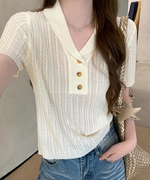 tシャツ 半袖 襟付き ケーブル編み ハーフボタン 半袖ニットトップス