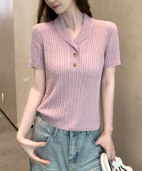 tシャツ 半袖 襟付き ケーブル編み ハーフボタン 半袖ニットトップス