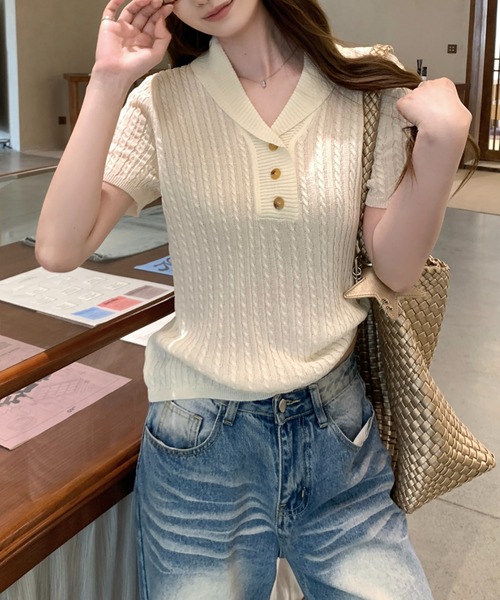 tシャツ 半袖 襟付き ケーブル編み ハーフボタン 半袖ニットトップス