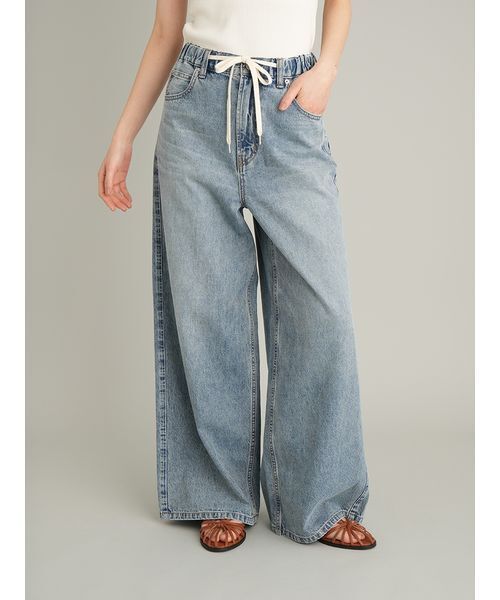 ワイドパンツ ジーンズ デニム デニムパンツ ウエストゴムドロストイージーデニムパンツ レディースの画像