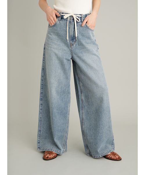 ワイドパンツ ジーンズ デニム デニムパンツ ウエストゴムドロストイージーデニムパンツ レディースの画像