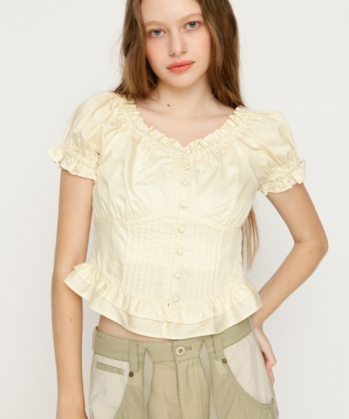 SLY（スライ） ブラウス シャツ 半袖 PUFF SLEEVES WOVEN TOPS 
