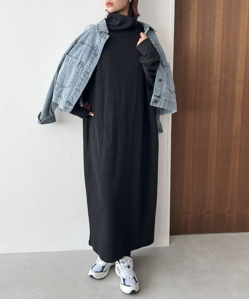 andme（アンドミー） ワンピース ワッフルタートルネック長袖Tシャツ