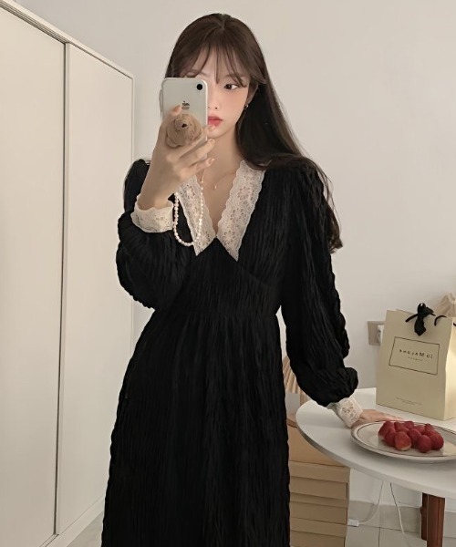 gossip!ロサンゼルス ワンピース レース付きパフスリーブVネック