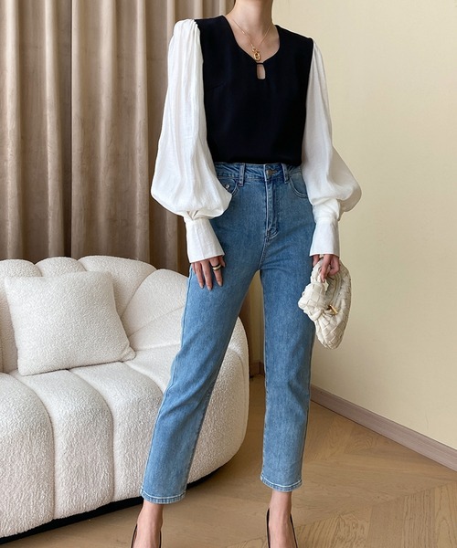 ブロックブラウス イアパピヨネ（黒・白） aimoha（アイモハ） ブラウス シャツ エレガントビショップスリーブ