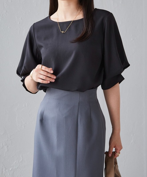 r147 Laungedressネイビー 長袖ブラウス 前面タックデザイン 前身頃レースブラウス 七分袖 レディース(M ネイビー): 東京