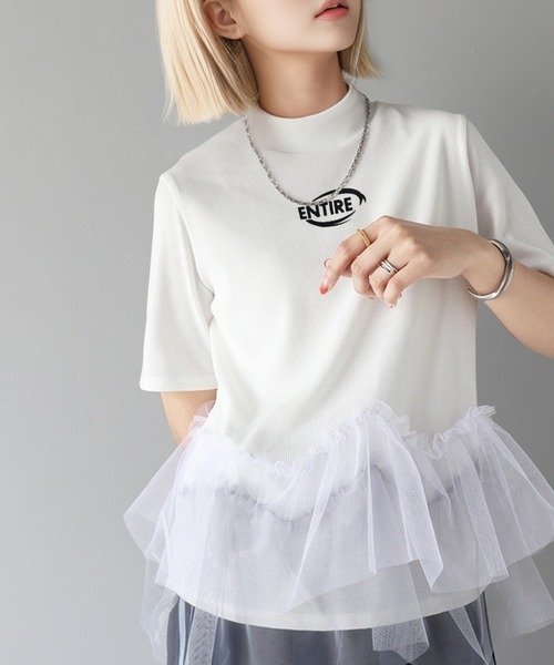 tシャツ 甘さの中にカジュアル要素も取り入れた1枚。チュールフリルモックネックTシャツ レディース | classicalelf | 01