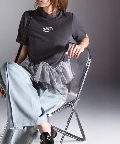tシャツ 甘さの中にカジュアル要素も取り入れた1枚。チュールフリルモックネックTシャツ レディース | classicalelf | 03