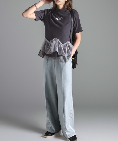 tシャツ 甘さの中にカジュアル要素も取り入れた1枚。チュールフリルモックネックTシャツ レディース | classicalelf | 26