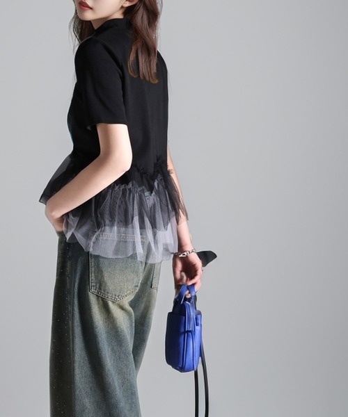tシャツ 甘さの中にカジュアル要素も取り入れた1枚。チュールフリルモックネックTシャツ レディース | classicalelf | 16