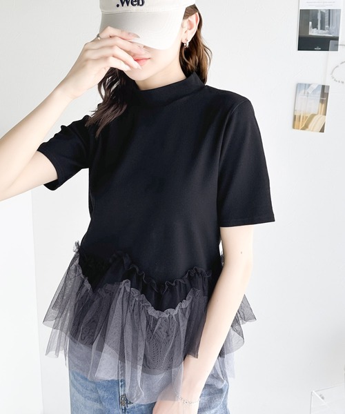 tシャツ 甘さの中にカジュアル要素も取り入れた1枚。チュールフリルモックネックTシャツ レディース | classicalelf | 19
