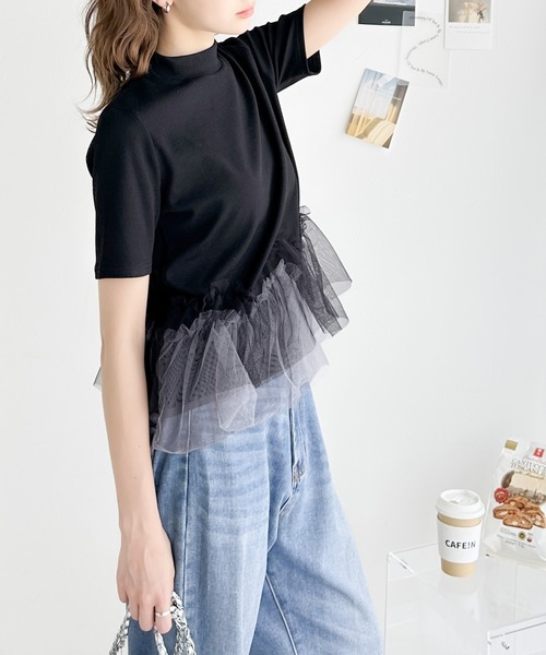 tシャツ 甘さの中にカジュアル要素も取り入れた1枚。チュールフリルモックネックTシャツ レディース | classicalelf | 21