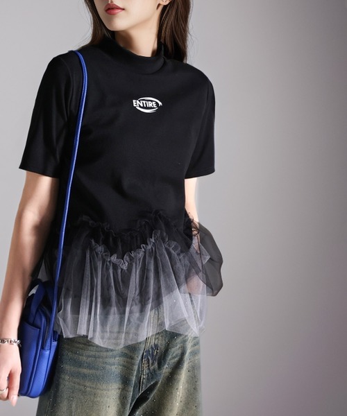 tシャツ 甘さの中にカジュアル要素も取り入れた1枚。チュールフリルモックネックTシャツ レディース | classicalelf | 14