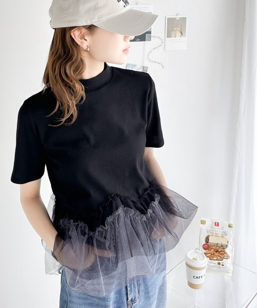 tシャツ 甘さの中にカジュアル要素も取り入れた1枚。チュールフリルモックネックTシャツ レディース | classicalelf | 20