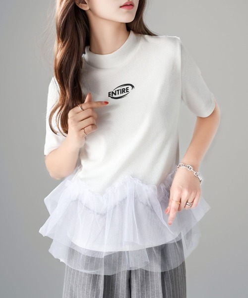 tシャツ 甘さの中にカジュアル要素も取り入れた1枚。チュールフリルモックネックTシャツ レディース | classicalelf | 07