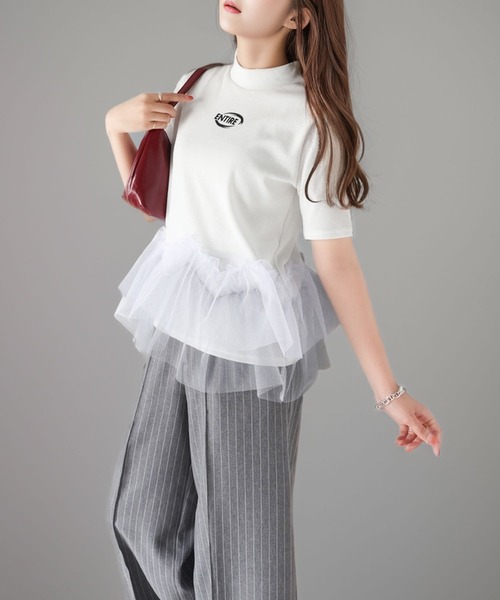 tシャツ 甘さの中にカジュアル要素も取り入れた1枚。チュールフリルモックネックTシャツ レディース | classicalelf | 09