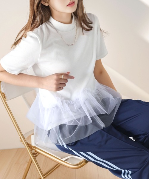 tシャツ 甘さの中にカジュアル要素も取り入れた1枚。チュールフリルモックネックTシャツ レディース | classicalelf | 12
