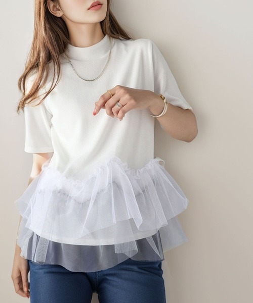 tシャツ 甘さの中にカジュアル要素も取り入れた1枚。チュールフリルモックネックTシャツ レディース | classicalelf | 10