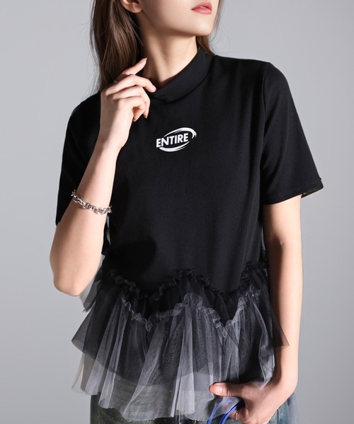 tシャツ 甘さの中にカジュアル要素も取り入れた1枚。チュールフリルモックネックTシャツ レディース | classicalelf | 13