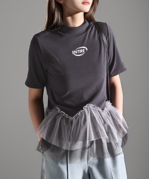 tシャツ 甘さの中にカジュアル要素も取り入れた1枚。チュールフリルモックネックTシャツ レディース | classicalelf | 23