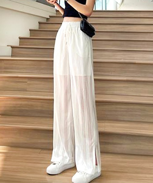 パンツ シアーストライプスリットパンツ レディース : ZOZOTOWN