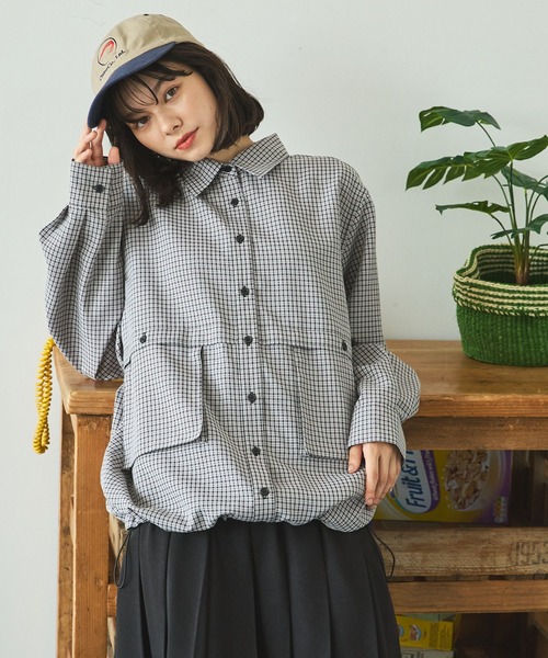 ブラウス シャツ ビッグポケット チェック シャツ レディース Girly Doll ブラウス シャツ オーバーサイズチェック柄シャツ