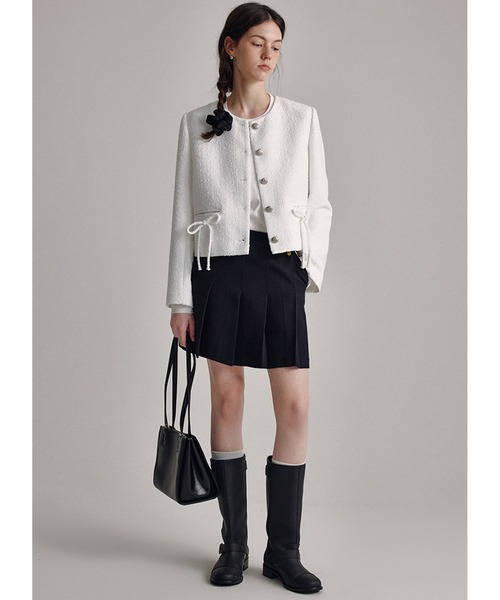 ジャケット ノーカラージャケット ラウンドネック リボンポケット